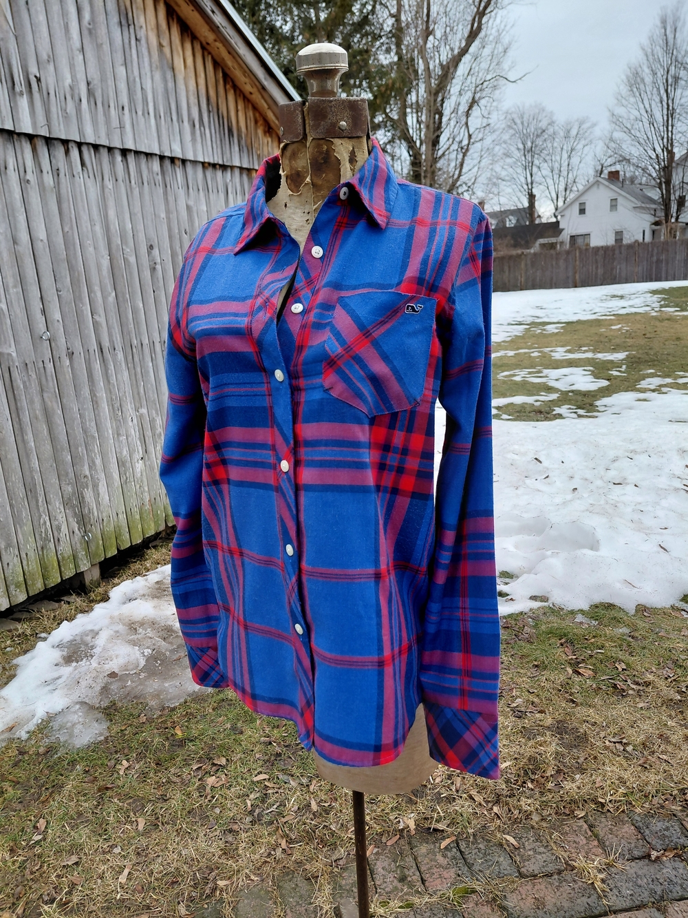 Vineyard Vines relaxed button down red blue violet plaid shirt & bag - Womens 2